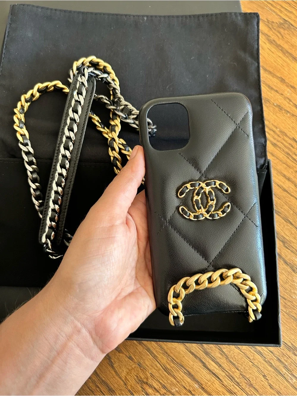 Chanel Black Quilted Leather iPhone X Pro Case with Gold Chain FULL INCLUSION